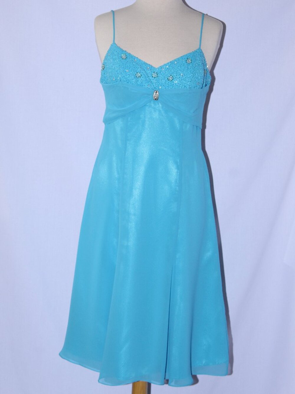 Poly USA #5537 Short Beaded Chiffon Party Dress-Size L-TURQUOISE-NWT